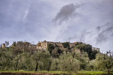 Aerial view of ghost village Toiano, Pisa, Tuscany, Italy