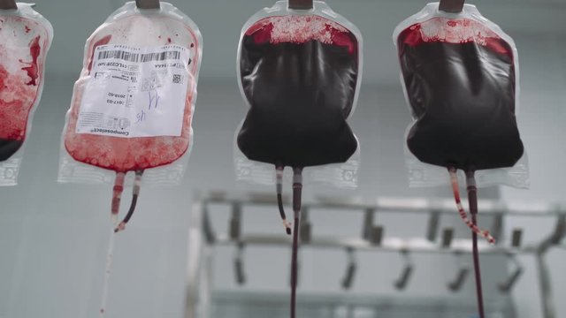 Hospital, blood in packages, process of purification and filtration of donor blood.
