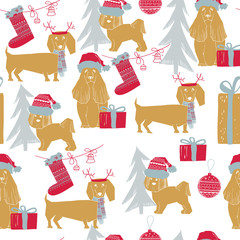 illustration of Christmas Dog seamless pattern. Scandinavian style. Puppies in santa hat with vintage color.