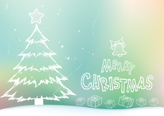 Merry Christmas with decorations pine tree. Gift boxes with snow in doodle style for Xmas Holiday and Happy New Year. 
