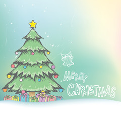 Merry Christmas with decorations pine tree. Gift boxes with snow in doodle style for Xmas Holiday and Happy New Year. 