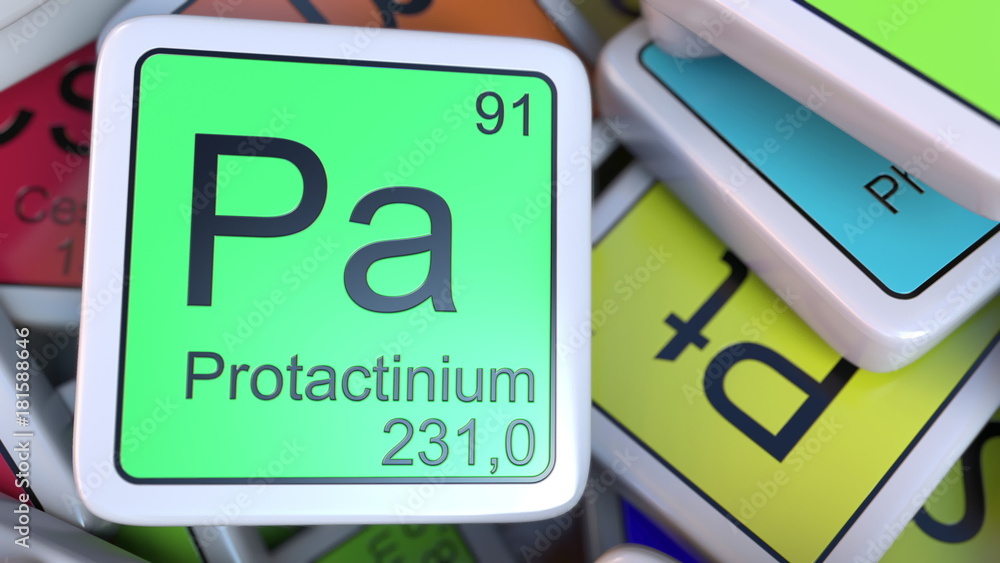 Poster protactinium pa block on the pile of periodic table of the chemical elements blocks. 3d rendering