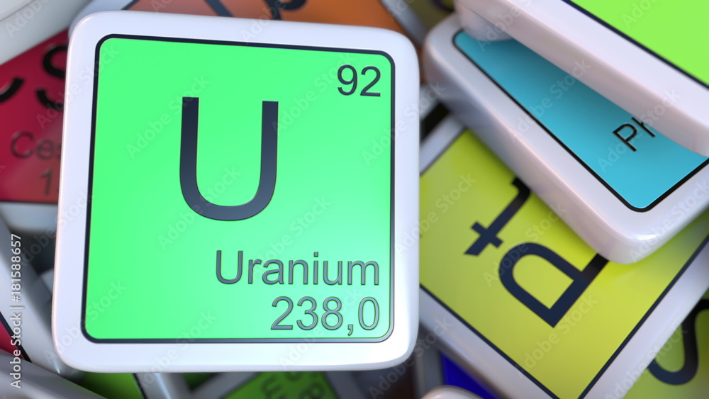 Poster uranium u block on the pile of periodic table of the chemical elements blocks. 3d rendering