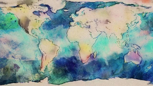 watercolor planet earth map seamless endless loop stop motion cartoon animation - new quality unique handmade retro vintage dynamic joyful video footage