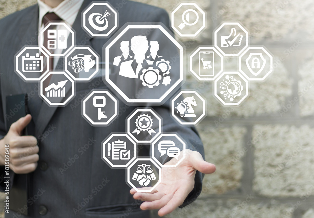 Aufkleber man using virtual interface offers businessman group icon. working process. teamwork business concep