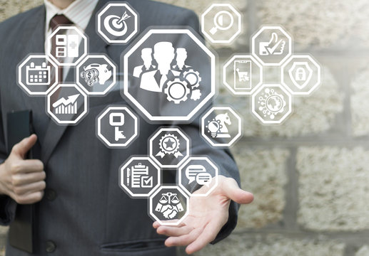 Man using virtual interface offers businessman Group icon. Working Process. Teamwork Business concept. Recruitment. We`re hiring. HR.