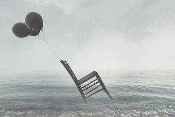 surreal image of a chair held in balance by flying balloons