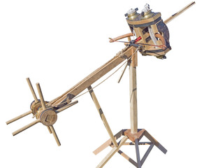 Detail of a reproduction of a Roman crossbow on white