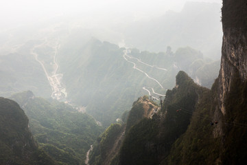 cable car with S curves road in Tianmen mountain zhangjiajie national park, Hunan province, China.