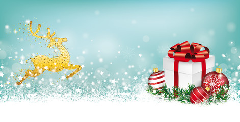 Fototapeta na wymiar Cyan Christmas Header Reindeer Snowflakes Gift Baubles