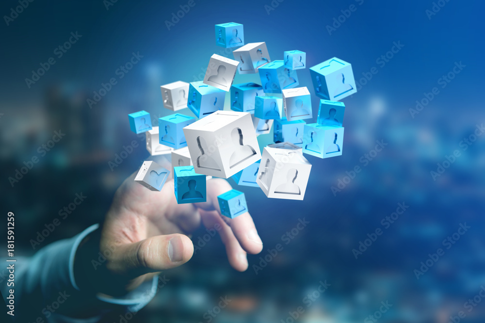 Poster 3d rendering blue and white cube on a futuristic interface