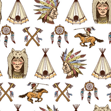 indian or native american. seamless pattern. axes and tent, Dreamcatcher and cherokee, tomahawk. set of engraved vintage, hand drawn, old, labels or badges.