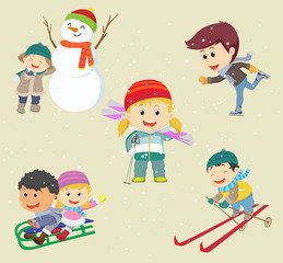 happy kids playing in snow and having winter fun