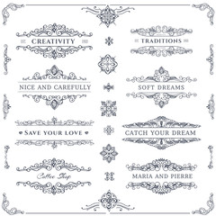 Collection of templates. Flourishes calligraphic ornaments and frames. Retro style of design elements, postcard, banners, logos. Vector template