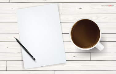 White paper sheet and coffee cup on white wooden texture background. Vector illustration.
