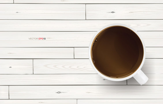Coffee cup on white wooden texture background. Vector illustration.