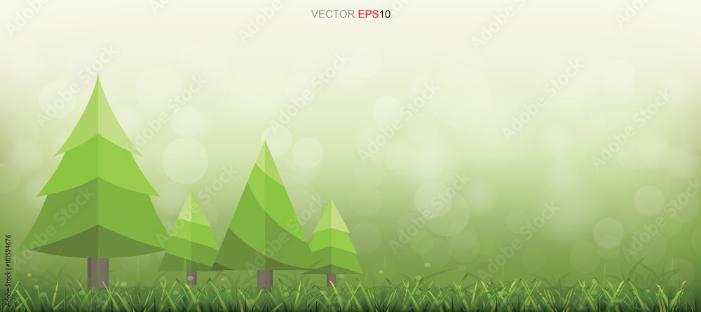 Poster abstract tree in green grass field with light blurred bokeh background. vector illustration.