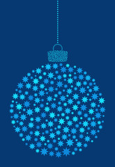 Fototapeta na wymiar Vector hanging abstract Christmas ball consisting of asterisk, flower icons on blue background