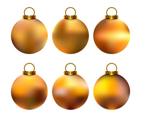 Set of golden Christmas balls with decorative pattern. Xmas, new year decoration.