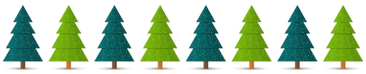 Vector simple geometric coniferous trees with snow in a row. Decorative Christmas border isolated on white background.