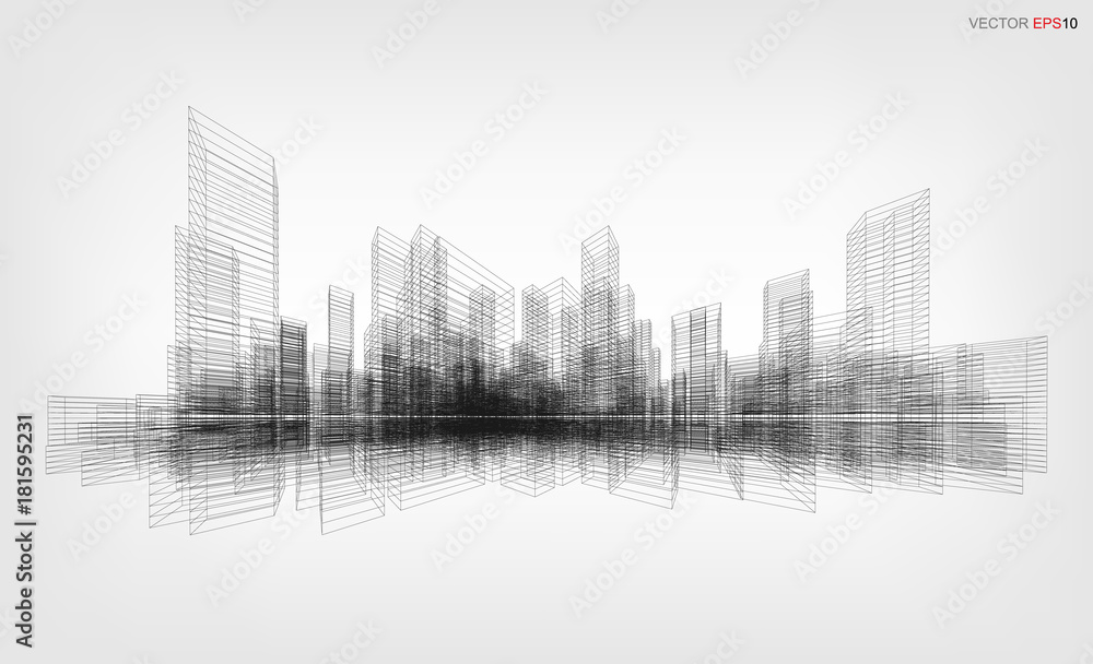 Aufkleber perspective 3d render of building wireframe. vector wireframe city background of building.
