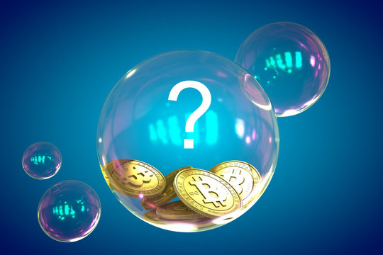 Bitcoins inside soap bubble on blue background with question mark. Probable bitcoin crash concept. 3D render. - Powered by Adobe