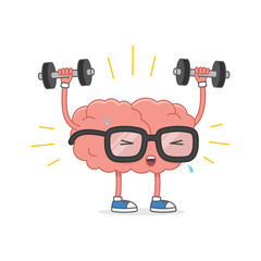 Brain training vector illustration. Cartoon brain with glasses lifting weights, isolated on white background.