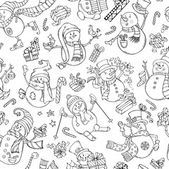 Fototapeta premium Vector seamless pattern of doodles snowmen.
