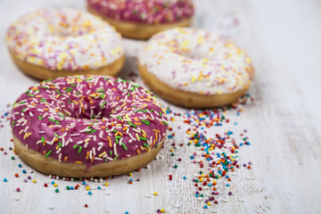 Multicolored donuts close-up
