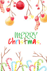 Christmas and new year card. Watercolor clip art with stick, christmas ball, heart, candy and stock. The image is illustration for card.