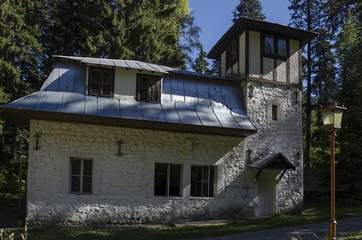 Majestic ancient  building of Hydroelectric plant in the old park Tsarska or Royal Bistritsa  near by  resort  Borovets, Rila mountain, Bulgaria