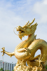 Fototapeta na wymiar Chinese dragon statue in the mouth with glass balls On the blue sky background
