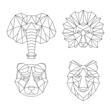 Polygonal geometric wolf, elephant, bear, lion. Abstract linear isolated animals Vector illustration