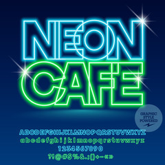 Neon bright set of Alphabet Letters, Numbers and Punctuation symbols. Vector light up colorful icon with text Cafe bar
