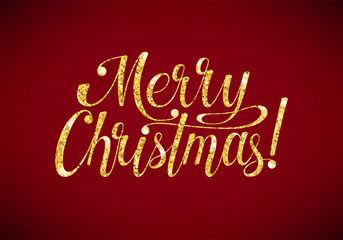 Merry Christmas lettering. Calligraphy text for design card, holiday greeting gift poster. Gold glitter inscription on red background. Vector illustration.