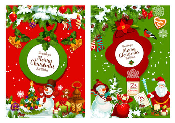 Christmas poster of xmas tree, Santa and snowman