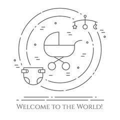 Baby theme horizontal banner. Pictograms of baby, pram, crib, mobile, toys, rattle, bottle, diaper, bathtub, cloth, bib and other newborn related elements. Line out symbols