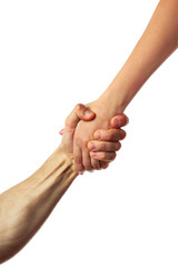 Female hand pulling a man's hand. Helping hand. Gender relations