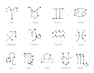Horoscope, all Zodiac signs in constellation style with line and stars on white background. Collection of zodiac symbols, thirteen of white elements, stars constellations set. - obrazy, fototapety, plakaty