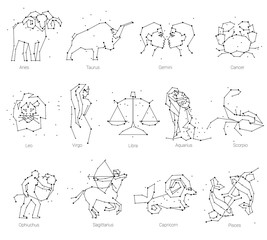 Horoscope, all Zodiac animals in constellation forms with line and stars. Collection of zodiac signs, thirteen of black elements, stars and constellations set. Zodiac animals constellation