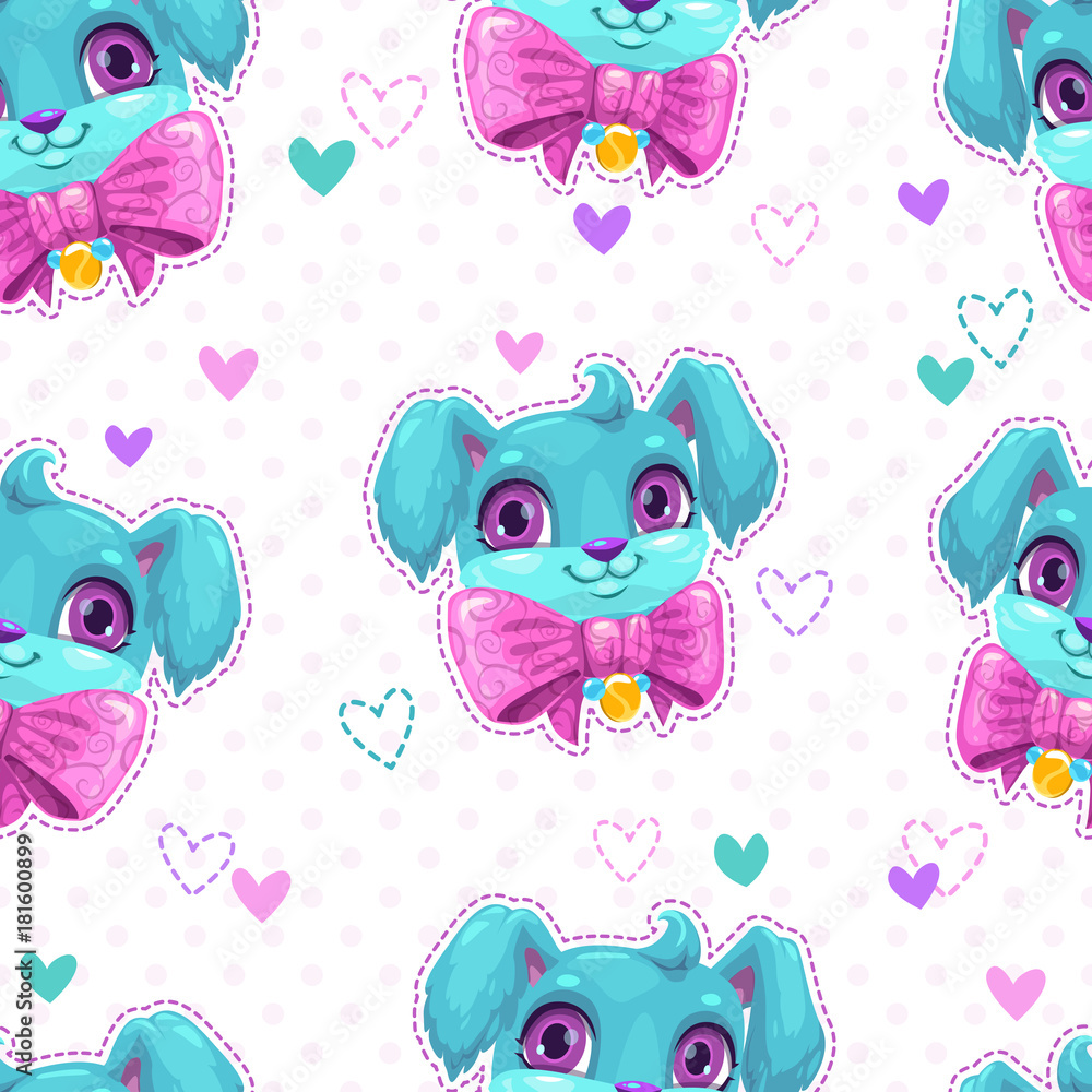 Sticker seamless pattern with cute blue young dog faces.