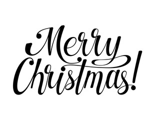 Merry Christmas lettering. Calligraphy text for design card, holiday greeting gift poster. Black and white vector illustration.