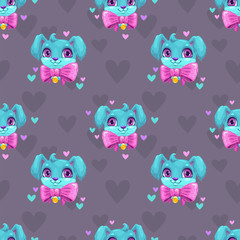 Fototapeta premium Seamless pattern with cute blue young dog faces.