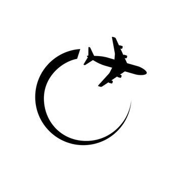 Icono plano avion girando negro en fondo blanco