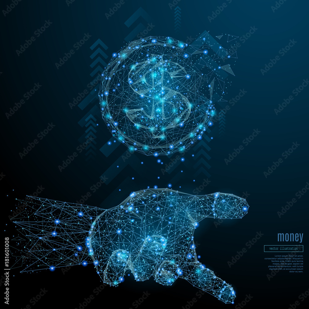Poster dollar in the hand palm low poly wireframe. vector polygonal image in the form of a starry sky or sp