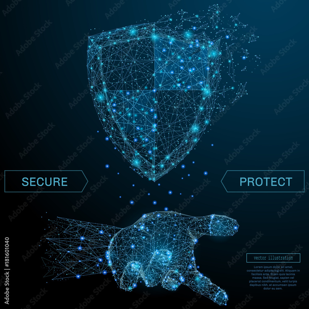 Aufkleber Shield in the hand palm low poly wireframe. Vector polygonal image in the form of a starry sky or space, consisting of points, lines, and shapes in the form of stars. Secure and Protect concept