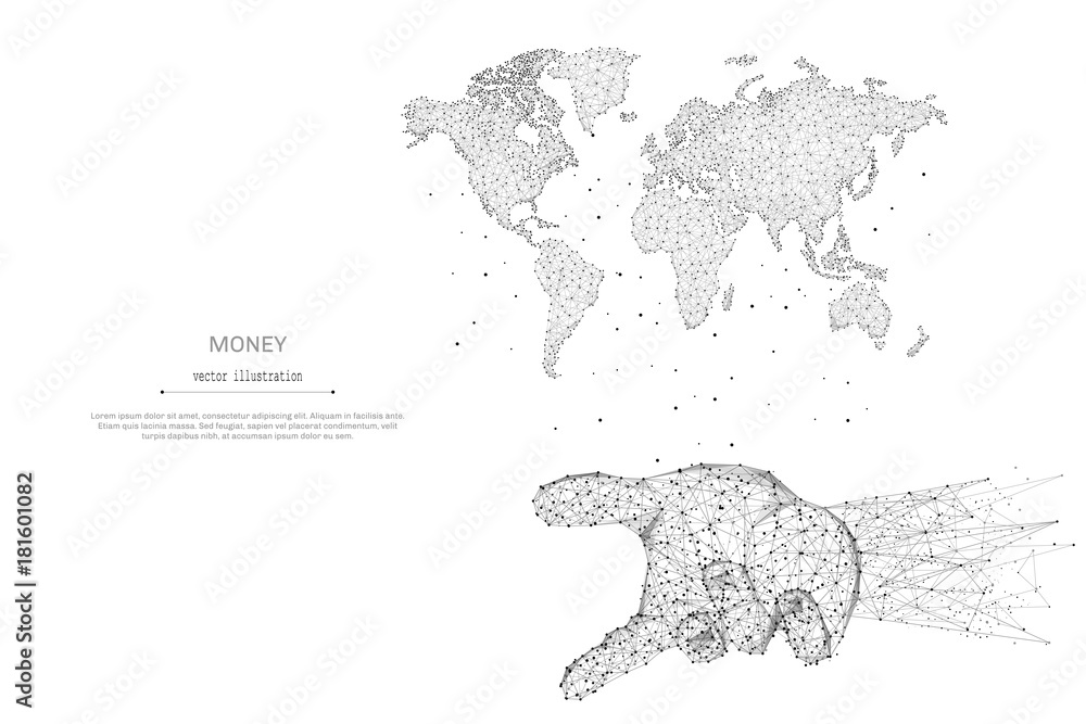 Poster Abstract mash line and point Worl map in the hand palm on white background with an inscription. Starry sky or space, consisting of stars and the universe. Vector illustration