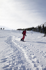 Snowboarder downhill on snow off-piste slope in winter morning