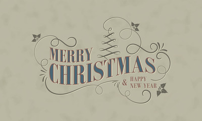 Obraz premium Christmas and New Year greeting card in vintage style with holly berries, decorative curves and christmas tree. Vector design.