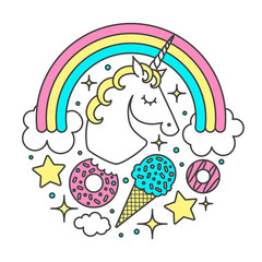 Vector circle composition with unicorn, rainbow, clouds, stars, ice cream, donuts. Cartoon style cute character